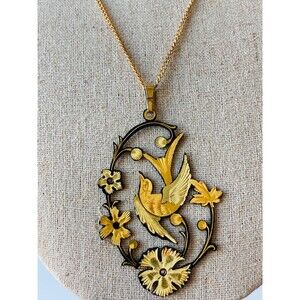 Antique diamond cut gold dove flower hollow pendant Necklace 18.5"